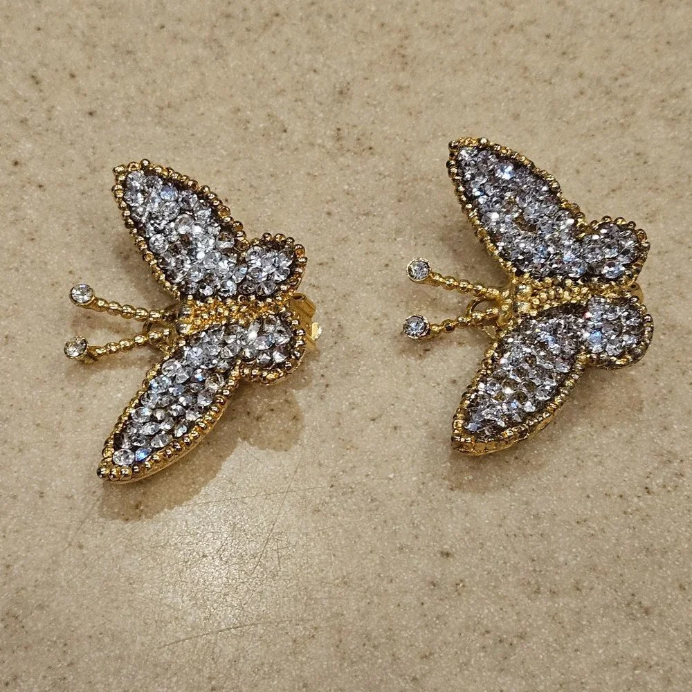RARE HAUTE COUTURE DESIGNER SIMAN TU BUTTERFLY CRYSTAL GOLD STATEMENT EARRINGS